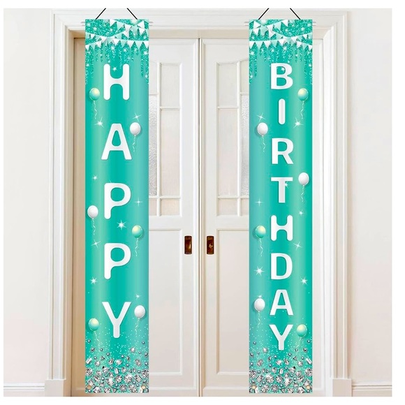 WILLBOND Teal/Sliver Happy Birthday 2pc hanging Door Banner Decor size71x12 NWOT - Picture 2 of 5